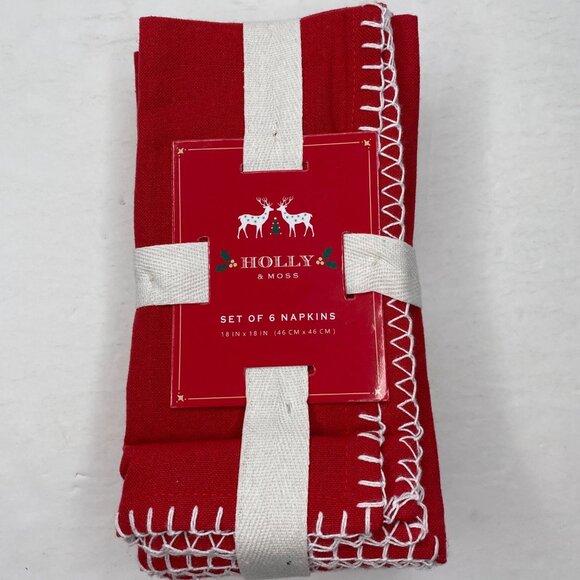 Holly & Moss Red Holiday Napkins Set Of 6 18"x18" Cotton Polyester White Borders - Picture 1 of 5